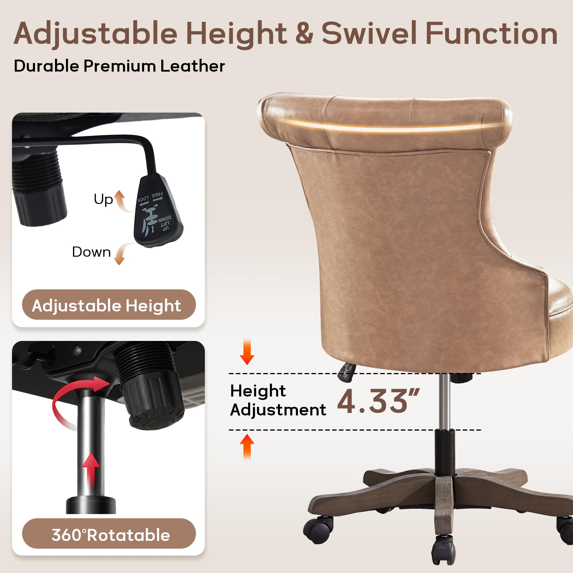 Home Office Chair Upholstered Faux Leather PU Armless Desk Chair with Wheels Adjustable Height Computer Desk Chair with Wooden Legs Comfortable Swivel Chair for Study Studio (Light Brown)