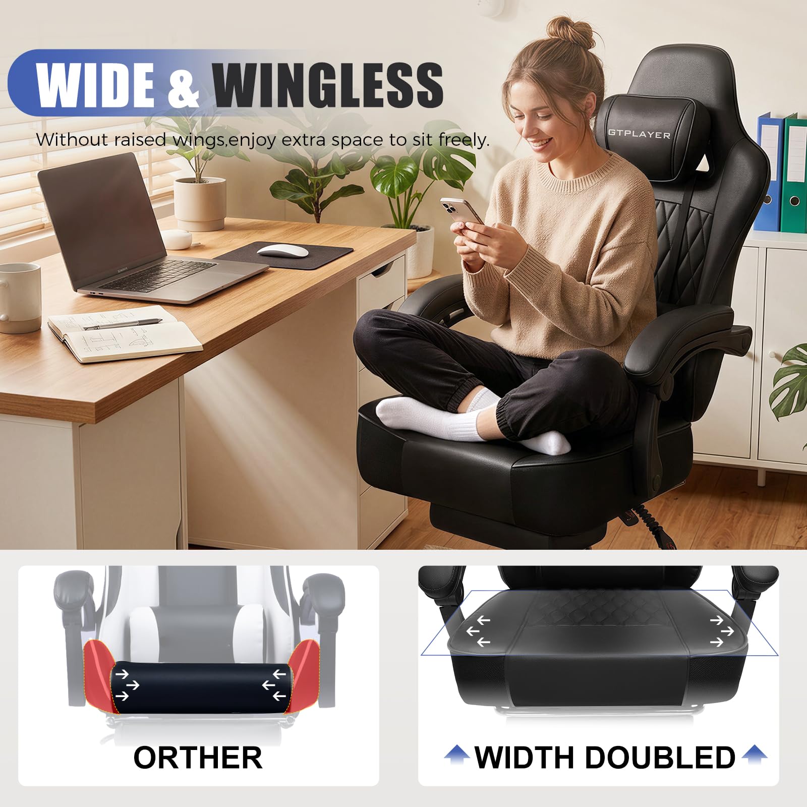 Big and Tall Gaming Chair with Footrest, Ergonomic Office Desk Chair with 4.4in Thick Cushion and Wide Wingless Seat, Comfortable Leather Computer Chair, Predator Series, Satin Black