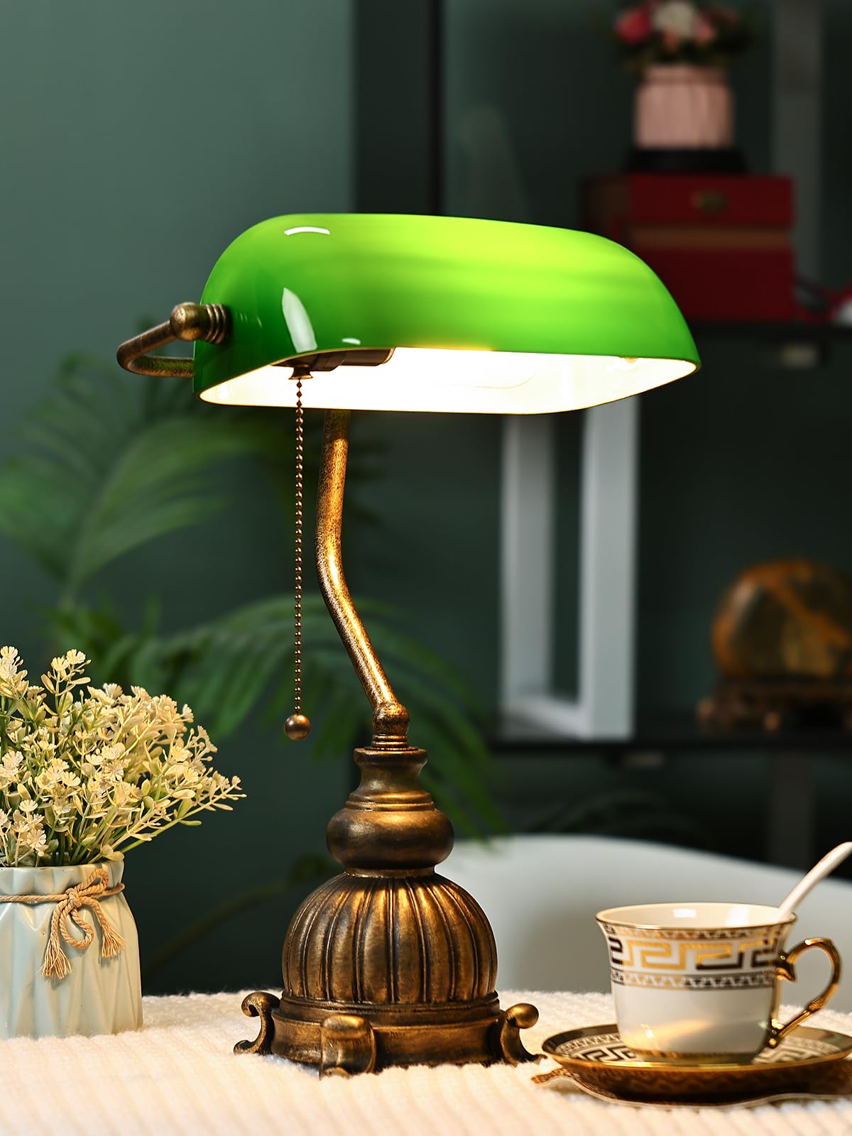 Retro Green Glass Bankers Desk Lamp,LED Bulb Included