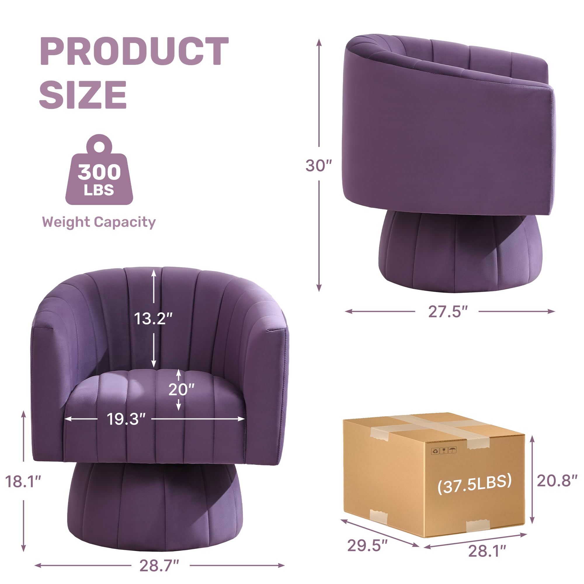 Swivel Accent Barrel Chair Set of 2, Cute Comfy Small Round 360° Arm Chair, Velvet Sofa Club Reading Chair for Office Living Room Bedroom Purple