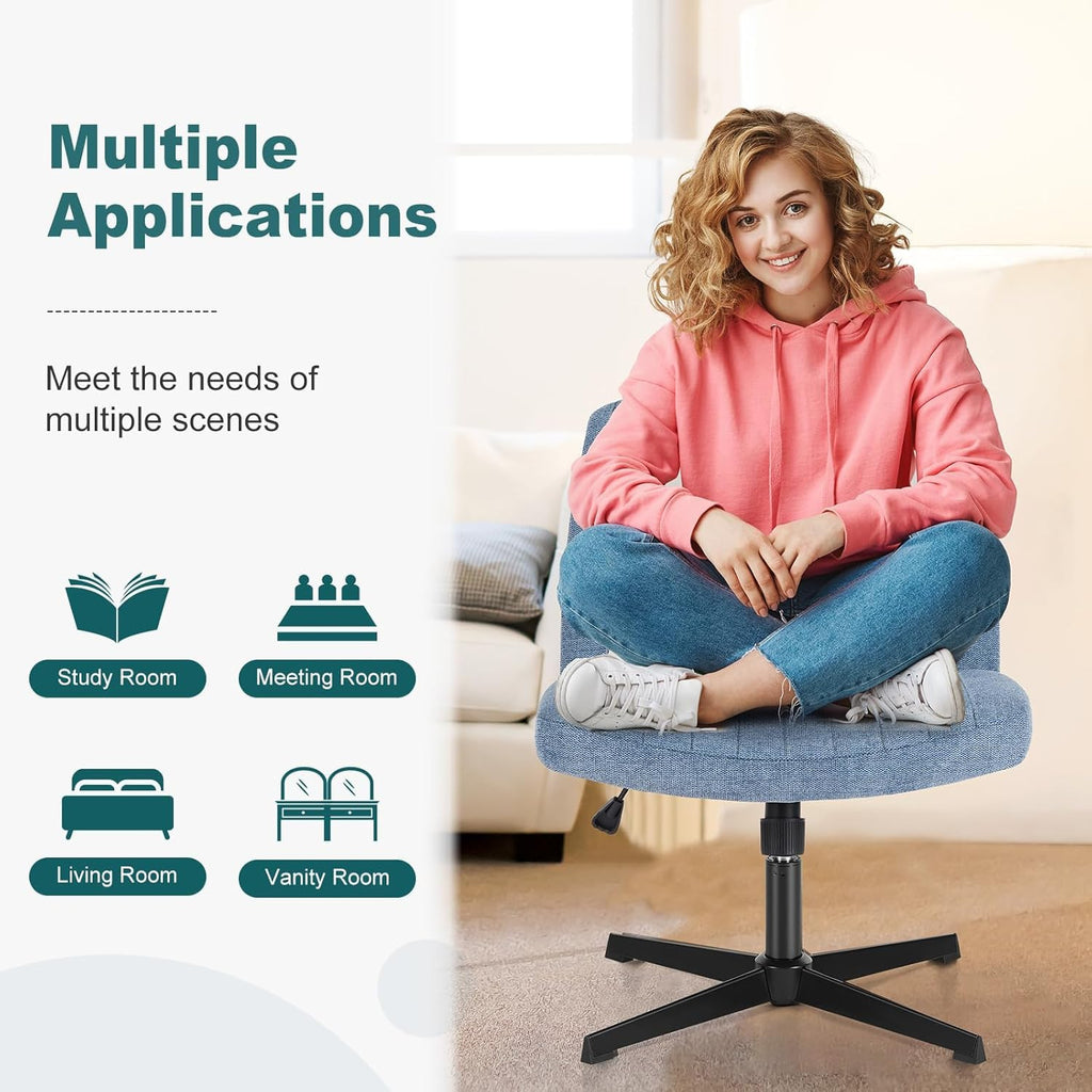 Criss Cross Legged Chairs Armless No Wheels Wide Seat Height Adjustable Swivel Padded Fabric Home Office Desk Seating for Bedroom, Student, Study Room