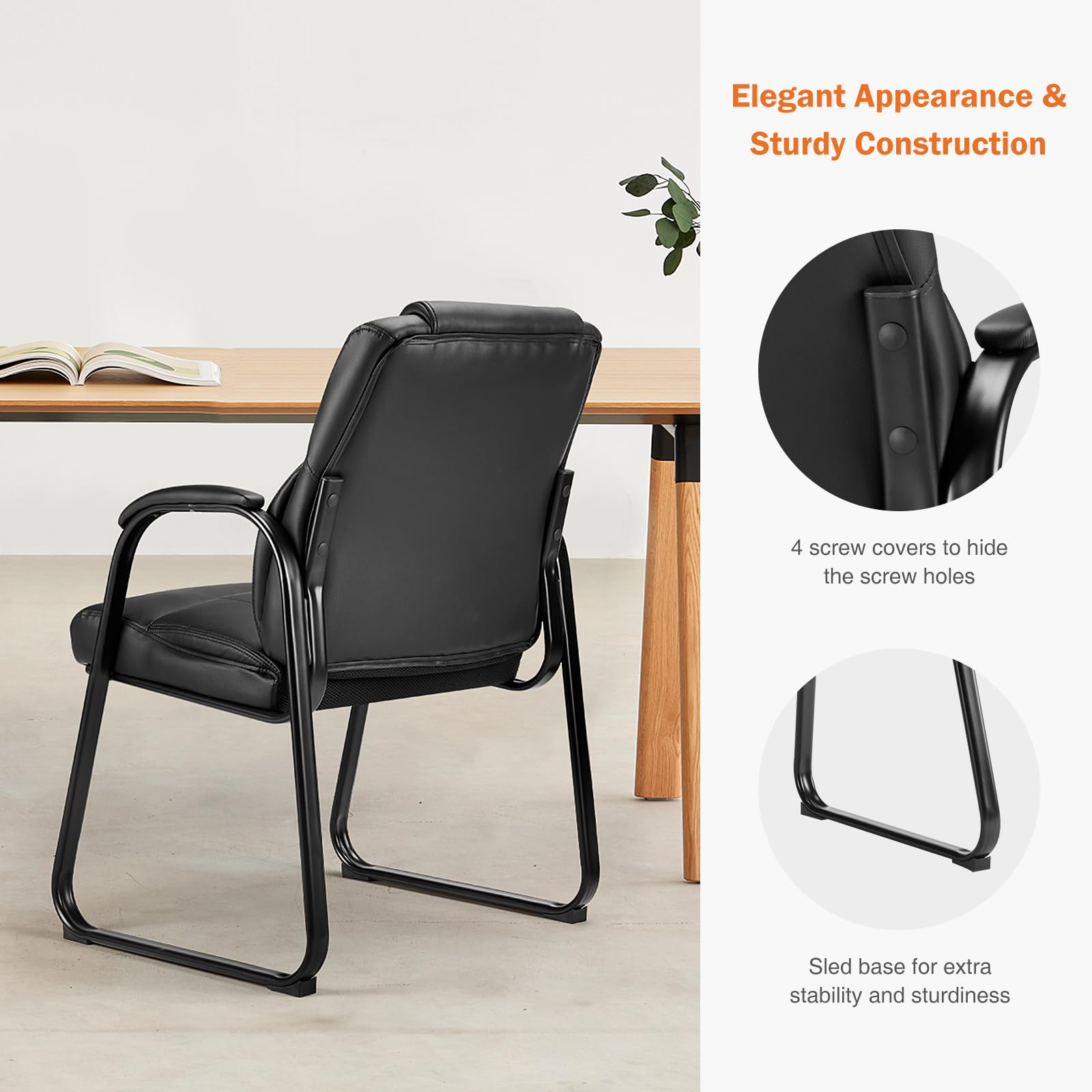 Set of 6, Waiting Room Guest Chair Leather Stationary Office Reception Chairs No Wheel, Comfy Padded Arms and Seld Base, for Conference Room Lobby Home Desk Bedroom Elderly, Black