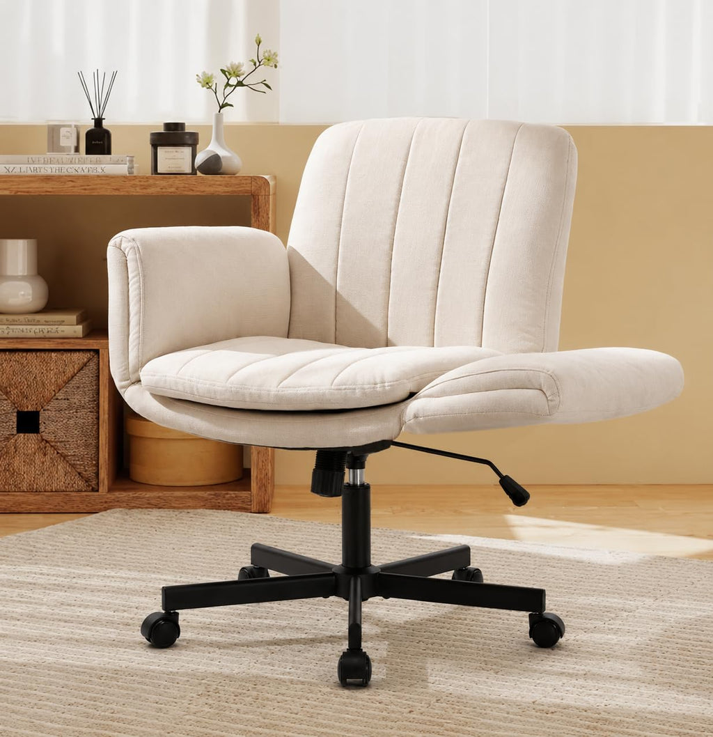 Criss Cross Office Chair with Wheels and Arms, Vanity Chair with Back, Comfy Swivel Cross Legged Office Chairs for Ultimate Comfort and Support, Unique Multifunctional Stylish Arms (Fabric Beige)