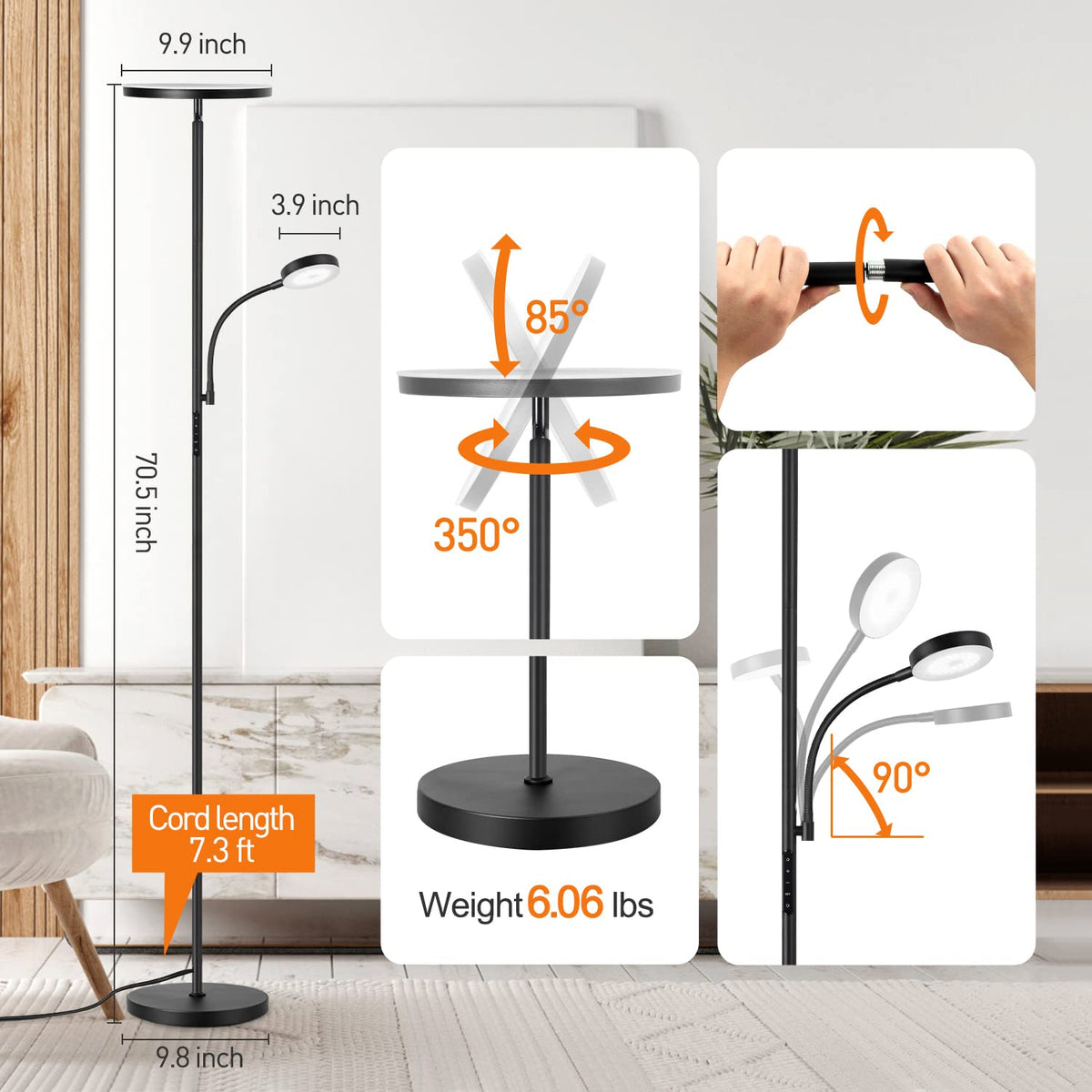 LED Floor Lamp, 27W/2400LM Modern Torchiere Lamp & 7W/ 400LM Reading Lamp, Bright Dimmable Standing Tall Lamp with 4 Color Temperature, Remote Touch Control for Living Room Bedroom Office, Black