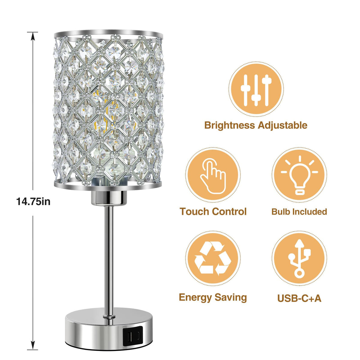 Crystal Table Lamp, Silver Touch Lamp with USB C+A Port, 3-Way Dimmable