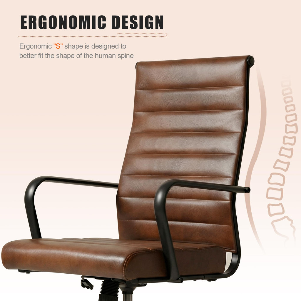 Leather Office Desk Chair, Mid-Century Modern Leather Conference Room Chairs, Ergonomic Executive Ribbed Height Adjustable Swivel Rolling Chair for Home Office.