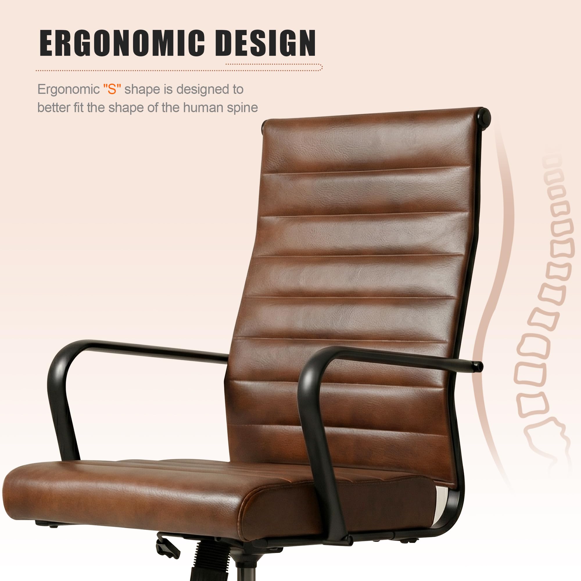 Leather Office Desk Chair, Mid-Century Modern Leather Conference Room Chairs, Ergonomic Executive Ribbed Height Adjustable Swivel Rolling Chair for Home Office.