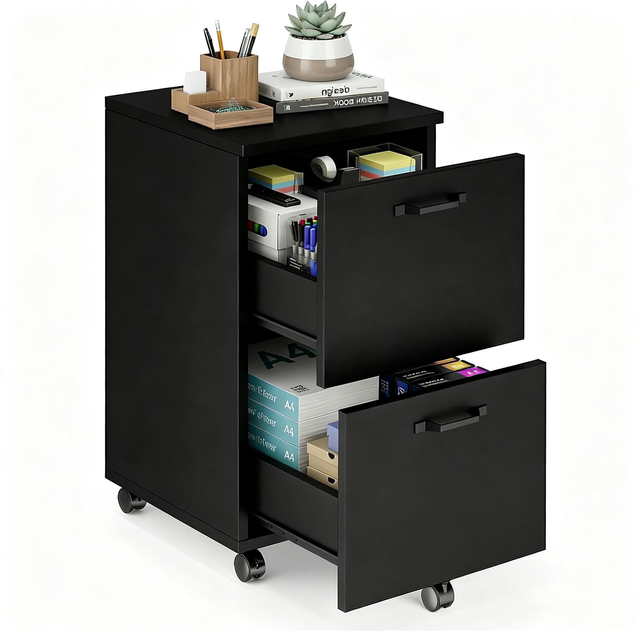 2 Drawer Filing Cabinet, Wood Rolling Filing Cabinets with Printer Stand, Under Desk Storage Lockable Wheels, Home Office Organizer for A4 Letter Legal Size Documents,Black