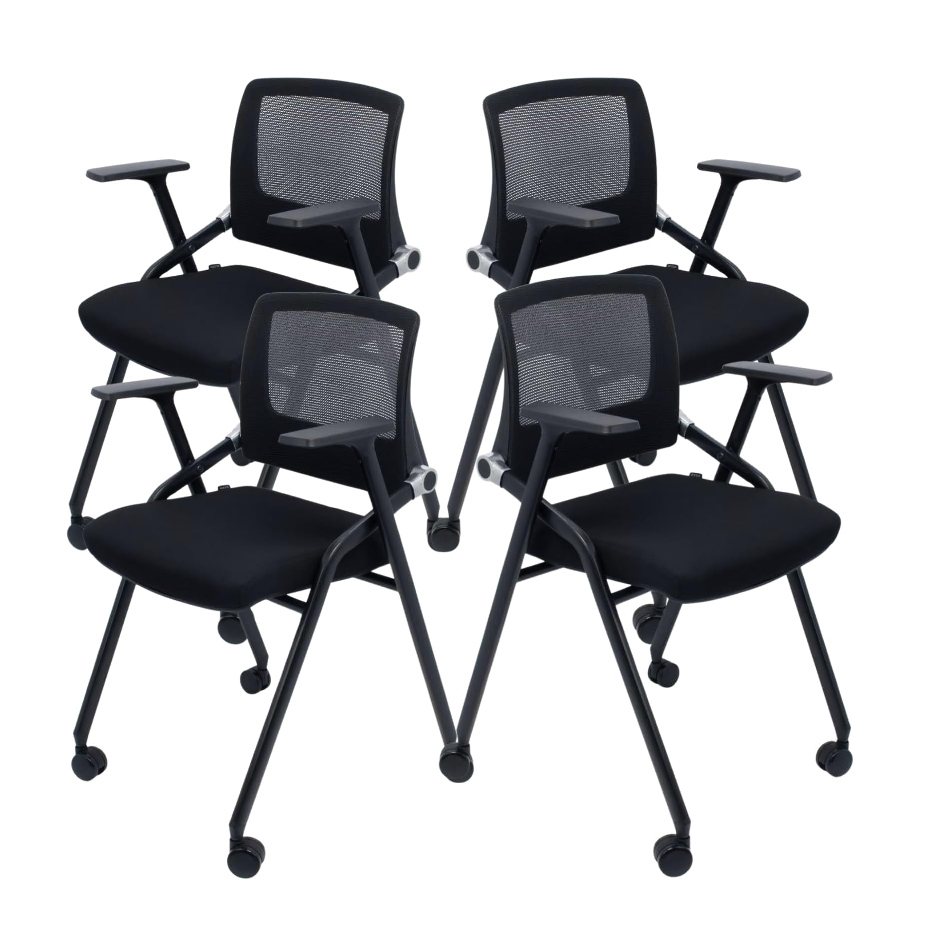 4 Pack Foldable Office Chairs with Wheels, Mesh Back, Arms and Portable - Folding Office Chairs for Conference Room Chair, Office Guest & Reception & Meeting Chair - (Black) 300 lbs.