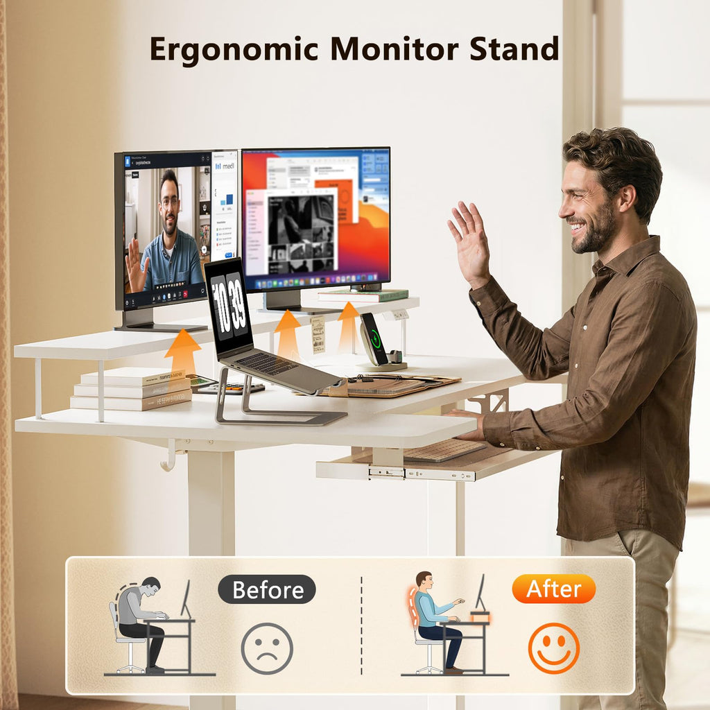 U Shaped Electric Standing Desk with Keyboard Tray, 63 Inch Height Adjustable Desk with Power Outlets & LED Lights, Sit Stand Table with Monitor Stand for Home, Office, White