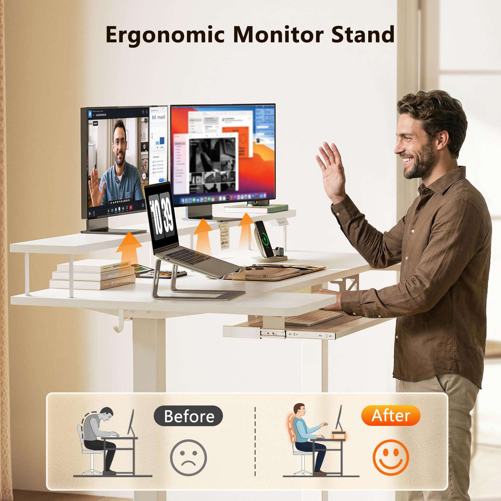 U Shaped Electric Standing Desk with Keyboard Tray, 63 Inch Height Adjustable Desk with Power Outlets & LED Lights, Sit Stand Table with Monitor Stand for Home, Office, White