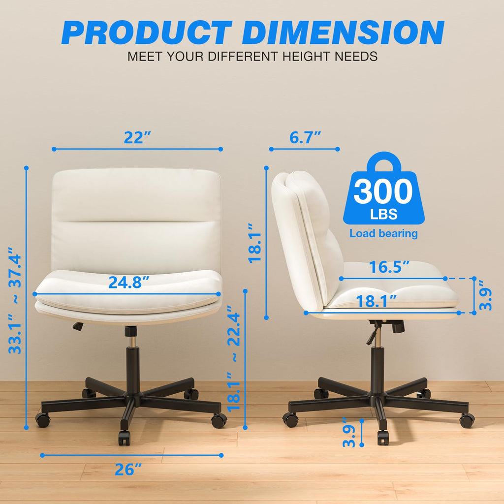 Ergonomic Armless Criss Cross Chair with Height Adjustable and Swivel, Wide & Thickened Cushion Cross Legged Vanity Chair, Comfortable PU Leather Desk Chair for Computer Task and Make Up, White