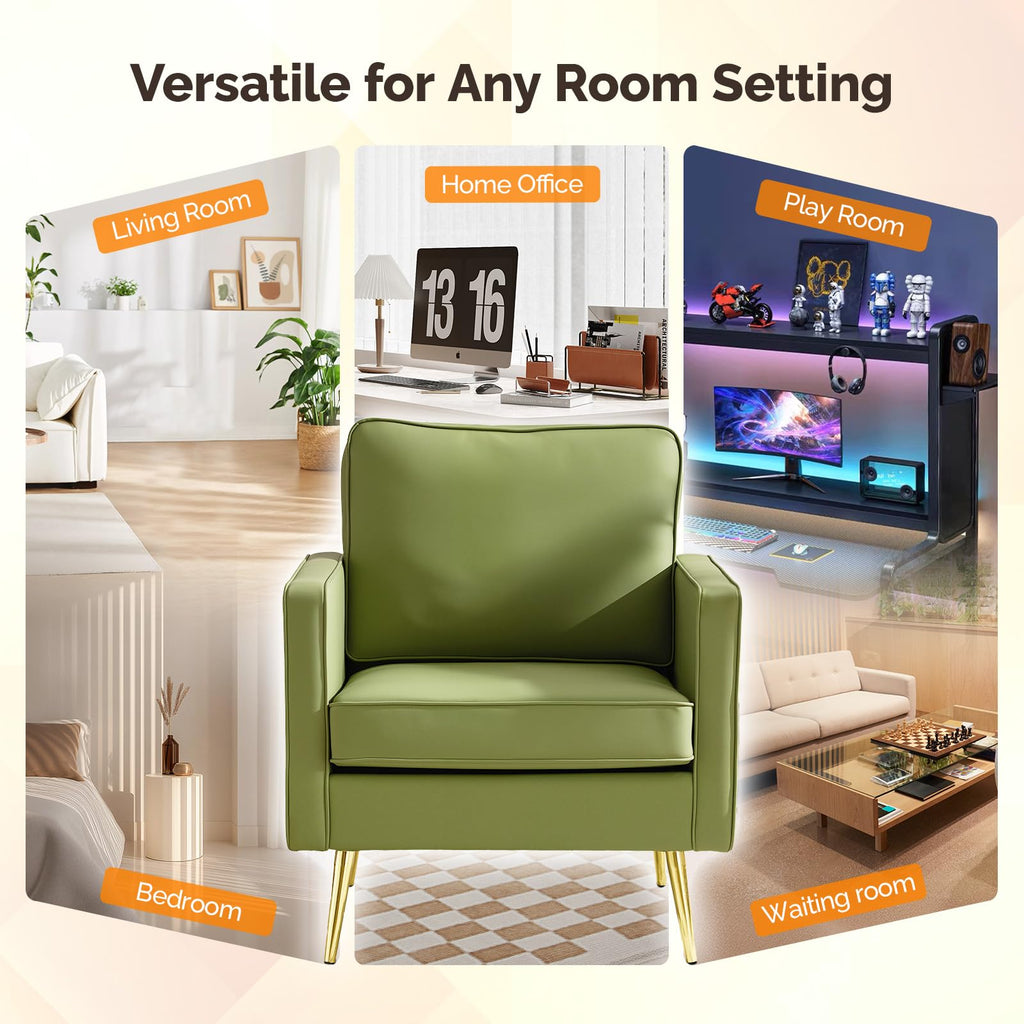 Modern PU Leather Accent Chairs Set of 2, Single Sofa Chair with Pocket Coil Seat, Metal Backrest & Solid Wood Frame, Upholstered Armchair for Office, Living Room, Bedroom