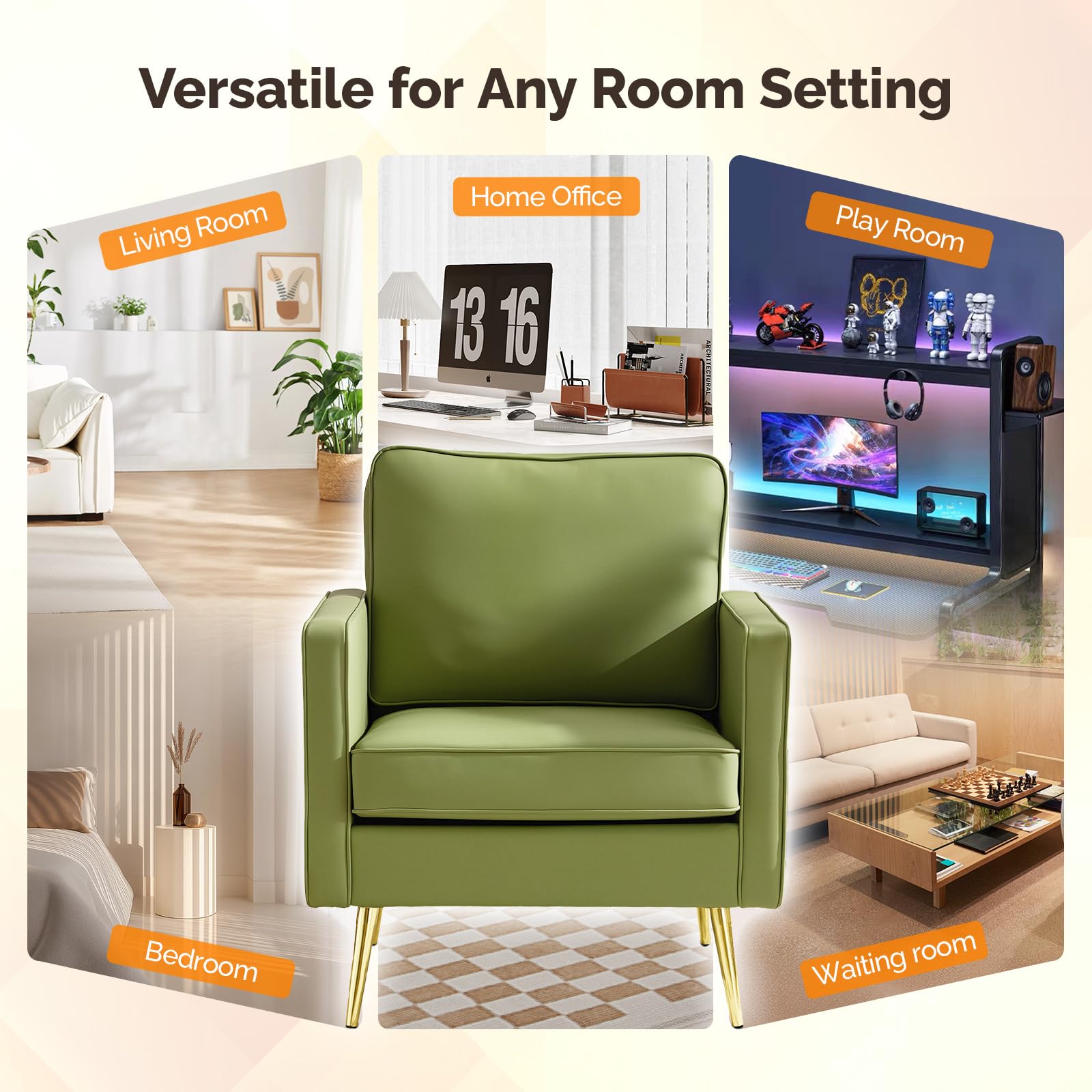 Modern PU Leather Accent Chairs Set of 2, Single Sofa Chair with Pocket Coil Seat, Metal Backrest & Solid Wood Frame, Upholstered Armchair for Office, Living Room, Bedroom