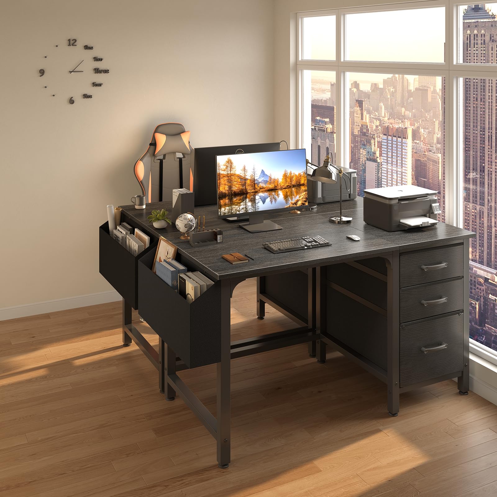 Computer Desk with File Drawers Cabinet, 47 Inch Reversible Home Office Desks with Filing Cabinet for Small Space, Gaming Study Writing Table PC Desks, Black