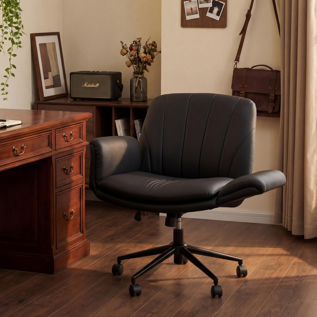 Criss Cross Chair with Five-Level Adjustable Arms and Wheels - Comfortable Ergonomic PU Leather Swivel Vanity Chair - Computer Makeup Gaming Chair for Home Office, Bedroom, Living Room (Black)