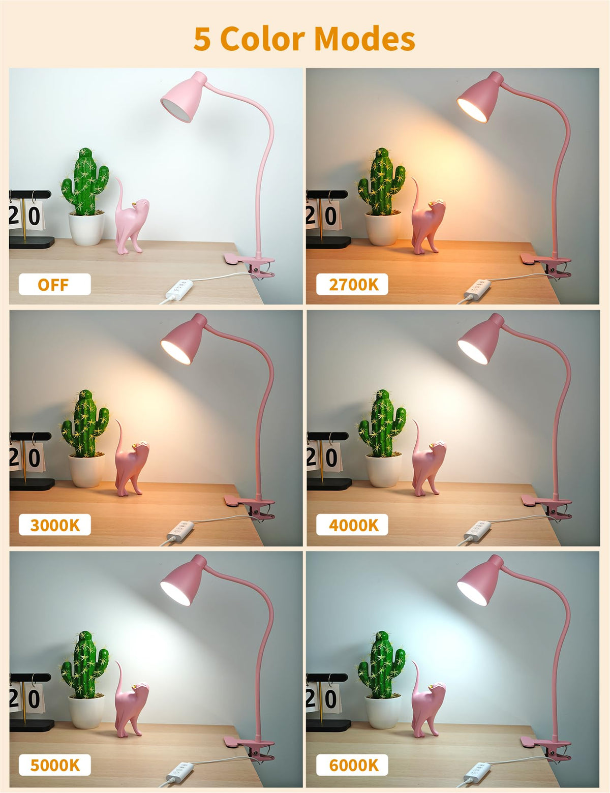 Cute Desk Lamp with Clamp Clip on Light, 5 Color 10 Brightness, Pink