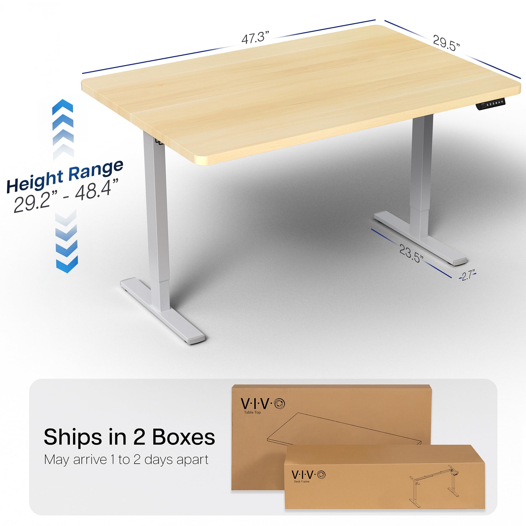 Electric 48 x 30 in Standing Desk, Memory Height Adjustment, 1B Series, Holds 220 lbs, One-Piece Light Wood Top, Gray Frame