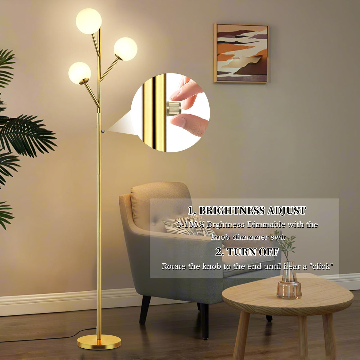 70in Gold 3-Globe Mid Century Dimmable Floor Lamp for Living Room G9 LED Bulbs Included,Modern Standing Lamp with Frosted Glass Shade for Bedroom,Studyroom Antique Brass Lighting(dimmer-Gold)