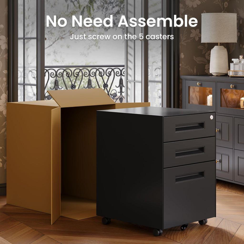 3 Drawer Metal Rolling File Cabinet Under Desk Filing Cabinet Black