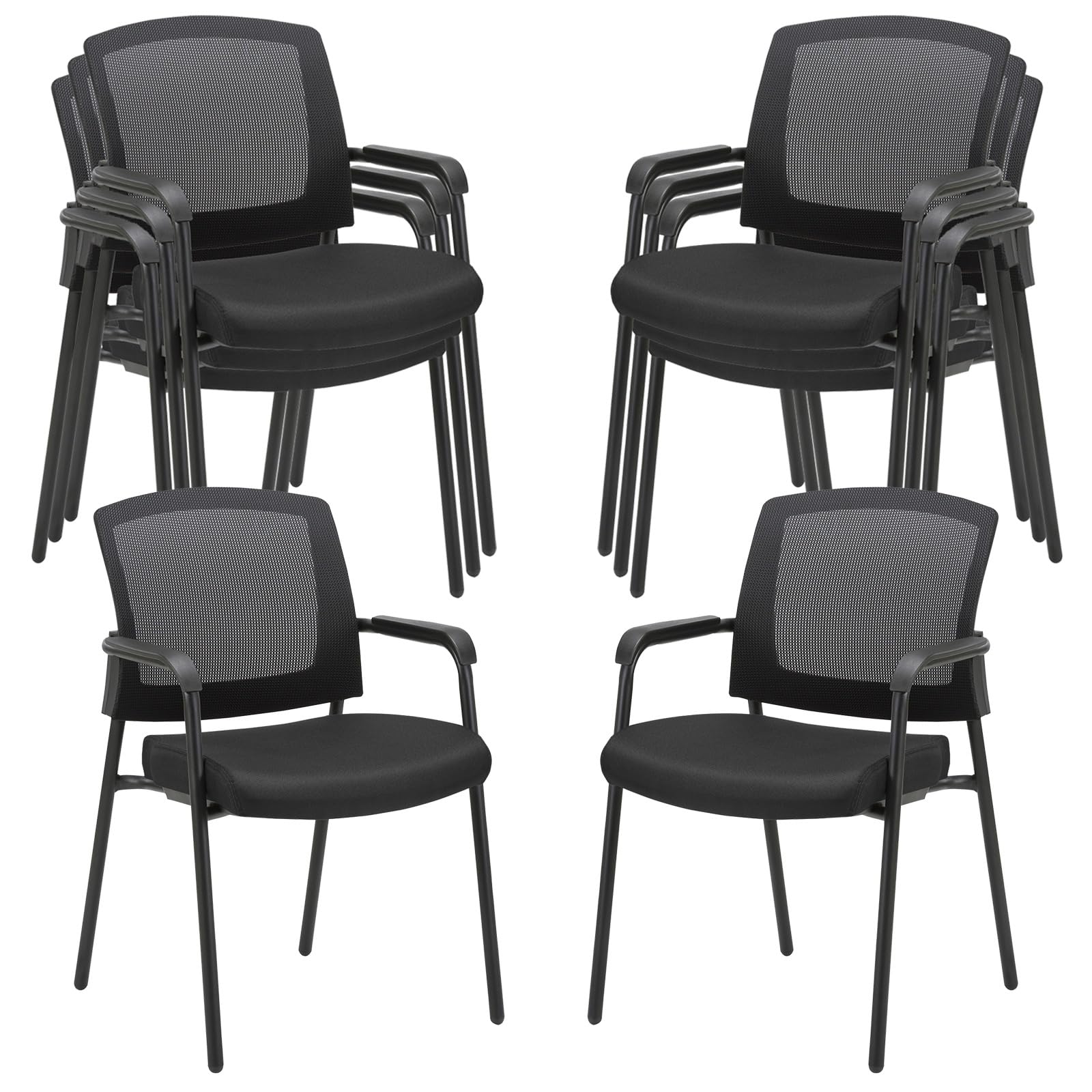 Set of 8, Black Stacking Chairs Stackable Waiting Room Chairs with Armrest, Mesh Office Reception Guest Chair for Home Desk Conference Lobby Church Medical Meeting Training Ergonomic