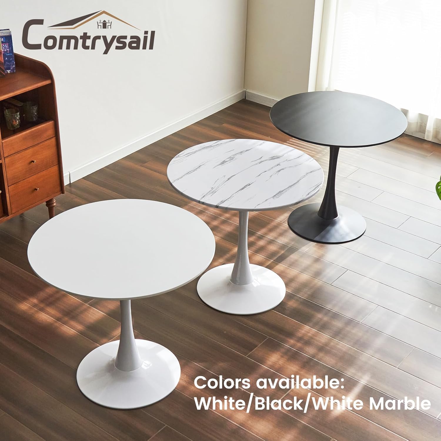 Comtrysail Round Dining Tulip Table for 4, Mid-Century Modern Table with Sturdy Metal Pedestal for Kitchen, Bistro, Cafe, Leisure (Faux Marble White, 31.5 INCH)