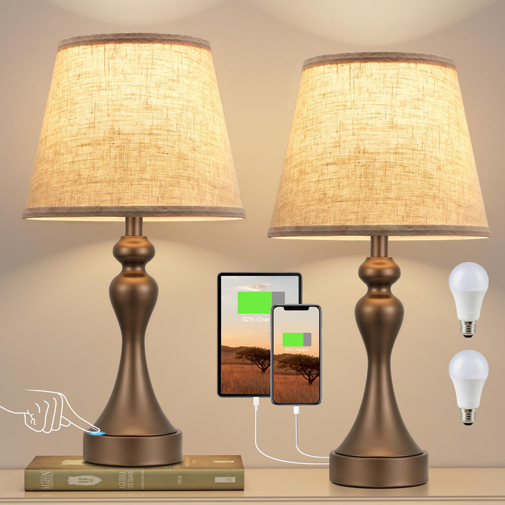 Touch Lamps for Nightstand, 3 Way Dimmable Bedside Lamps with USB C+A Ports