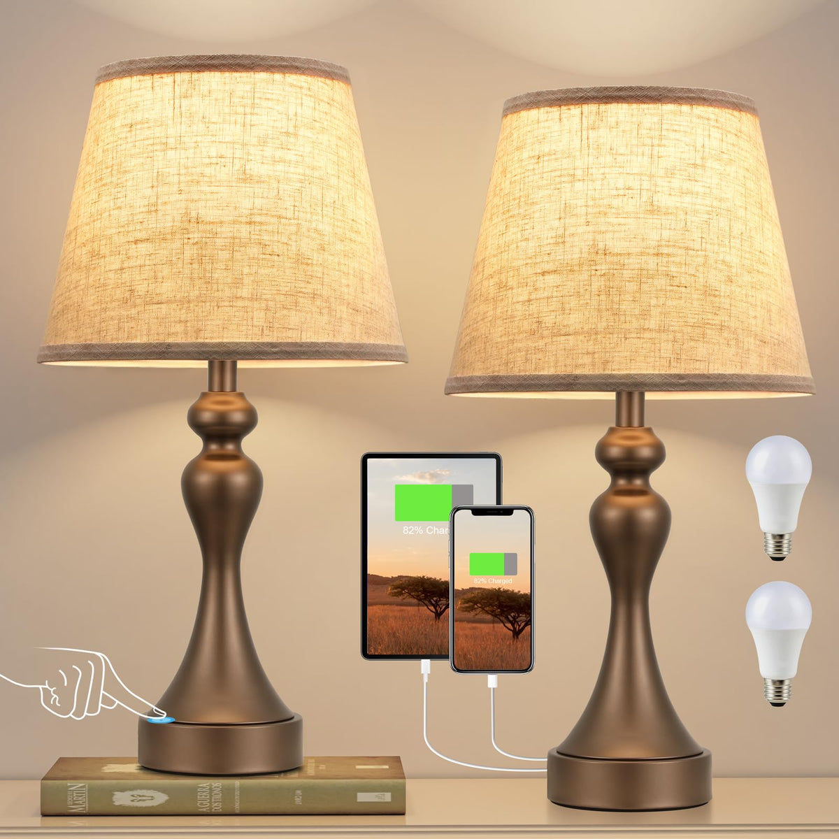 Touch Lamps for Nightstand, 3 Way Dimmable Bedside Lamps with USB C+A Ports