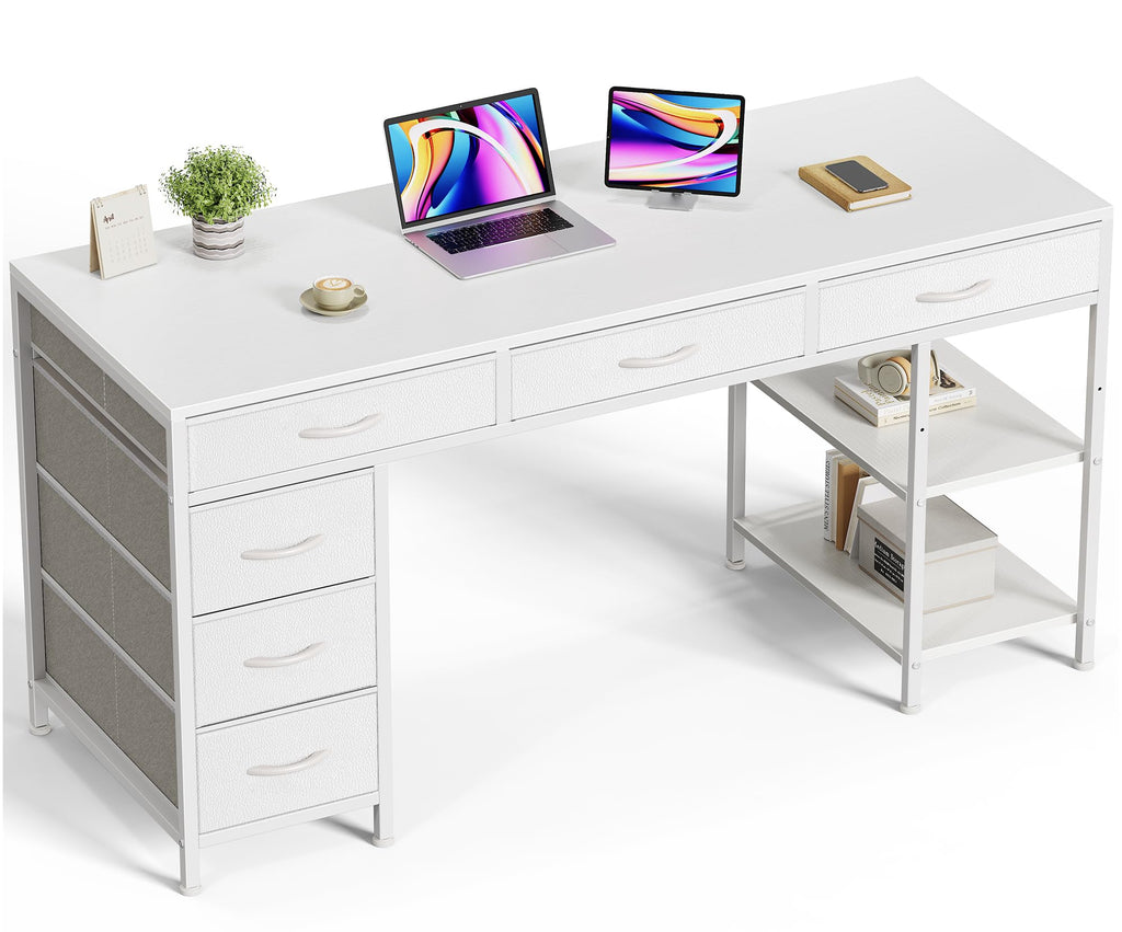 Computer Desk with 6 Drawers, Office Desk with Shelves, Reversible Gaming Desk, Corner Desk with Storage, Work for Home Office, Study, Living Room, 54inch, White