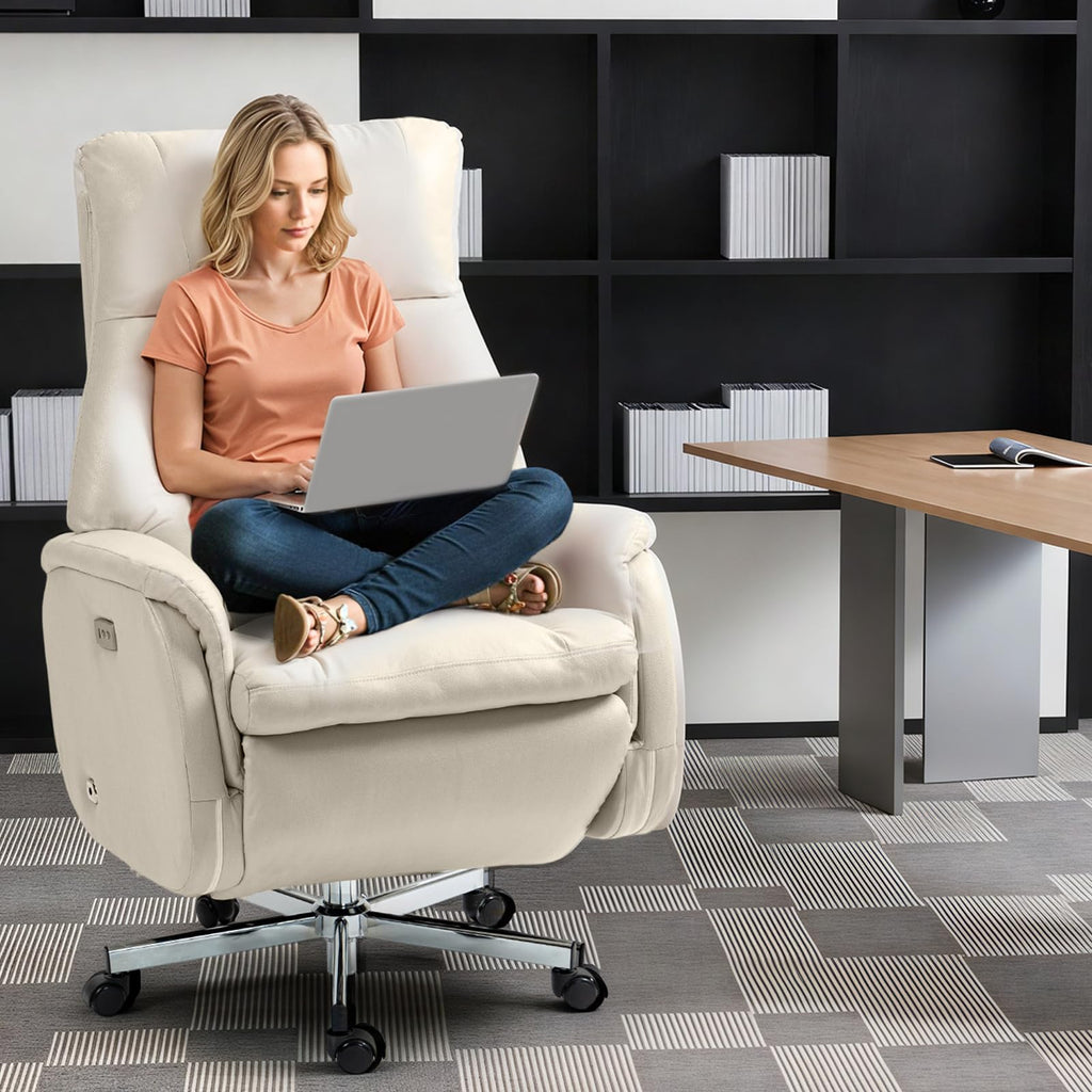 Electric Office Chair with USB Charging, Recliner Executive Office Chair with Footrest, Big and Tall High-Back Desk Chair, 400LBS Weight Capacity, Microfiber, Beige