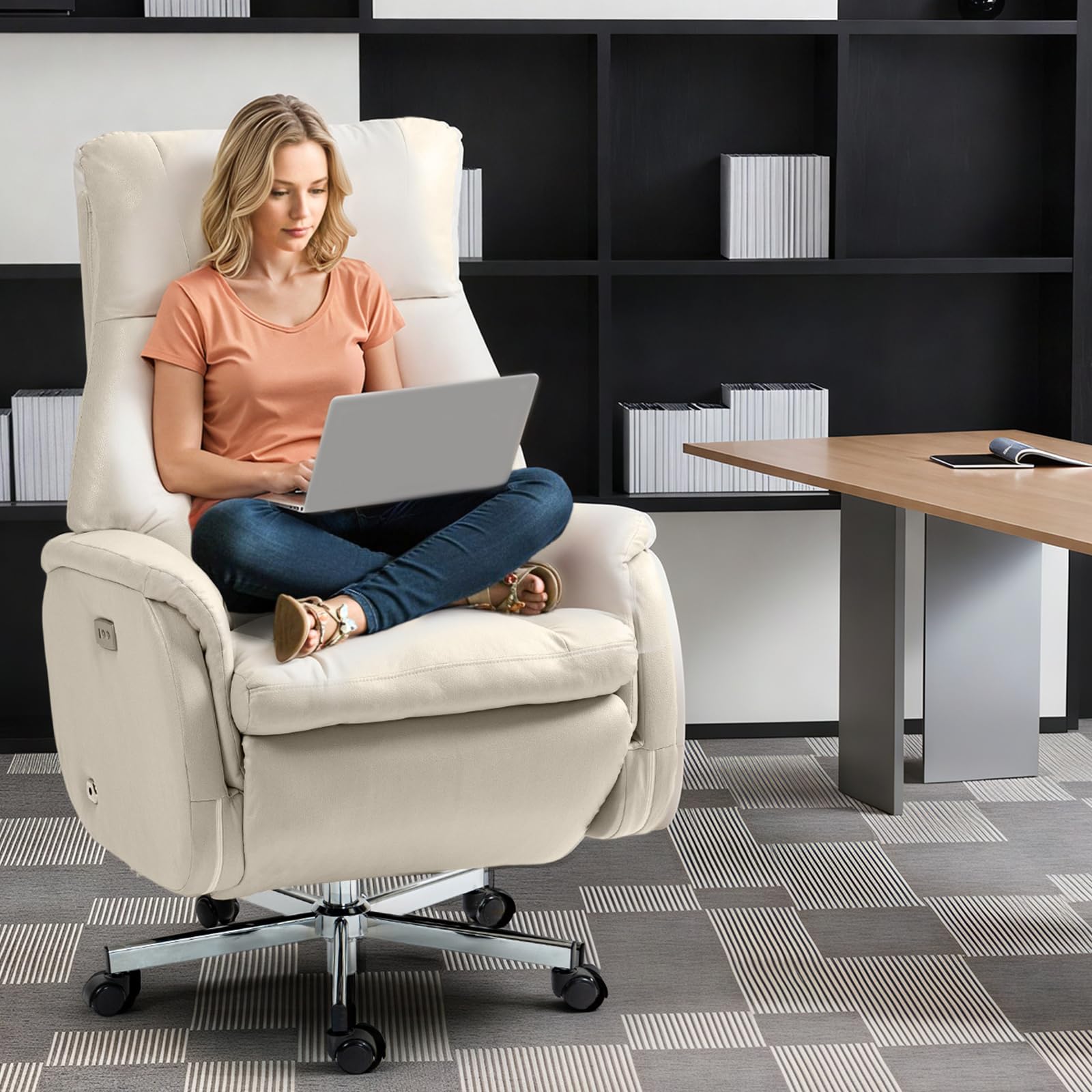 Electric Office Chair with USB Charging, Recliner Executive Office Chair with Footrest, Big and Tall High-Back Desk Chair, 400LBS Weight Capacity, Microfiber, Beige