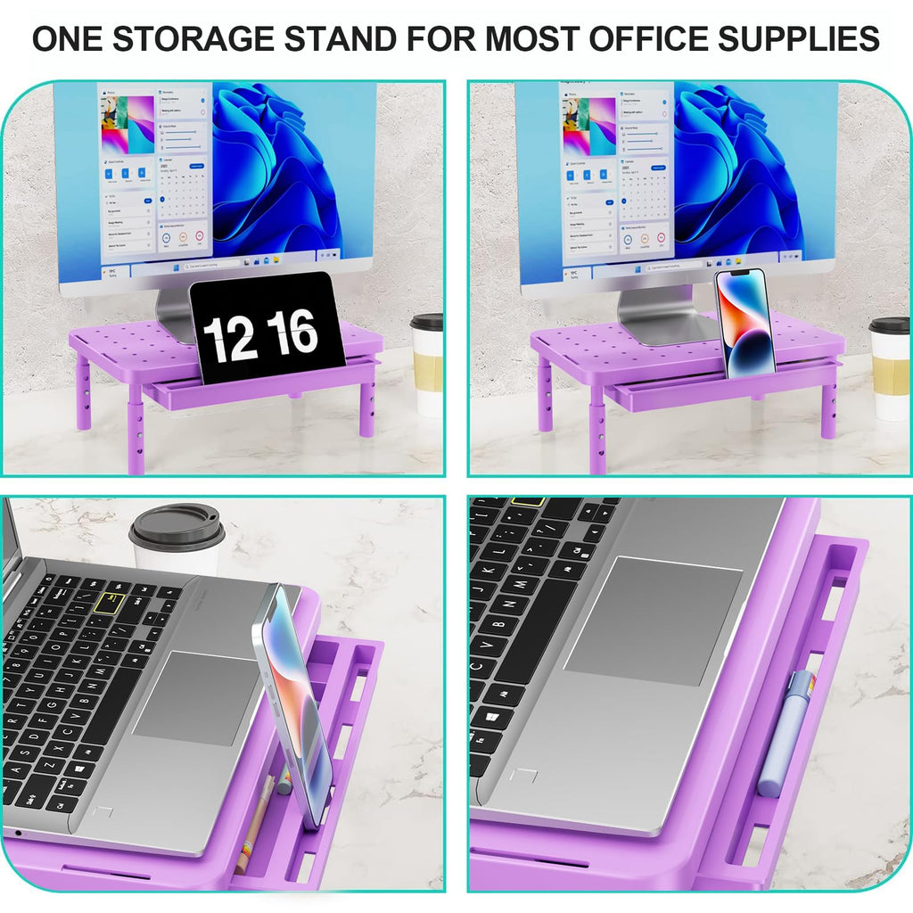 Computer Monitor Stand with Storage, Desk Monitor Riser 3 Height Adjustable, Laptop Riser with Airflow Vents, Desk Organizer for Computer, Laptop, Printer (PTT002-V), 1 Pack, Violet