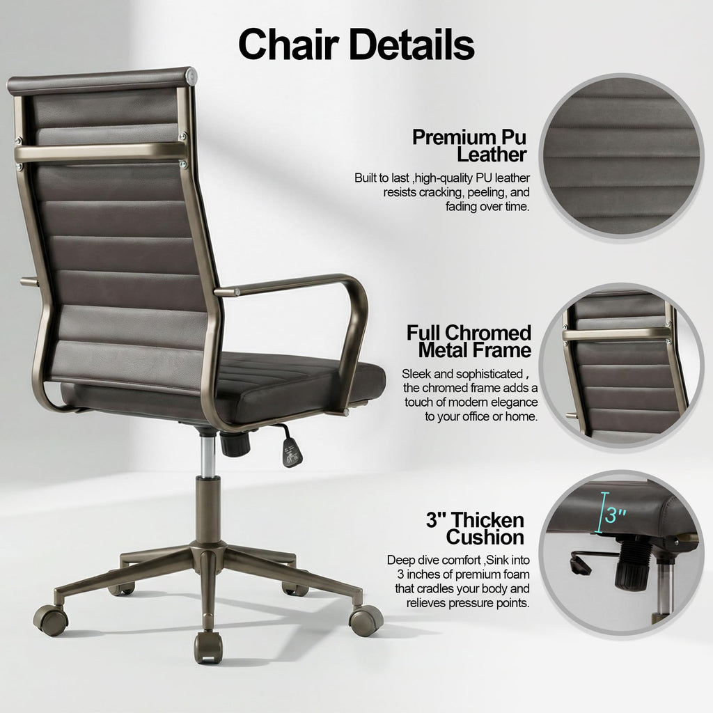 Leather Office Desk Chair, Ergonomic Mid Century Modern Conference Room Chairs, Executive Ribbed Height Adjustable Swivel Rolling Chair for Home Office.