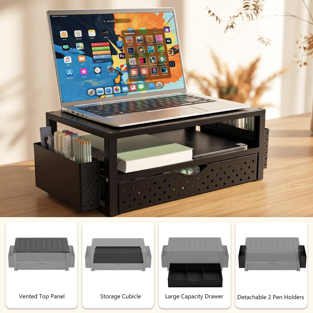 Monitor Stand Riser with Drawer and 2 Pen Holders, Desk Organizers and Accessories for Computer, Printer, Laptop Stand for Home Office Supplies, (PTT004-B), 1 Pack, Black