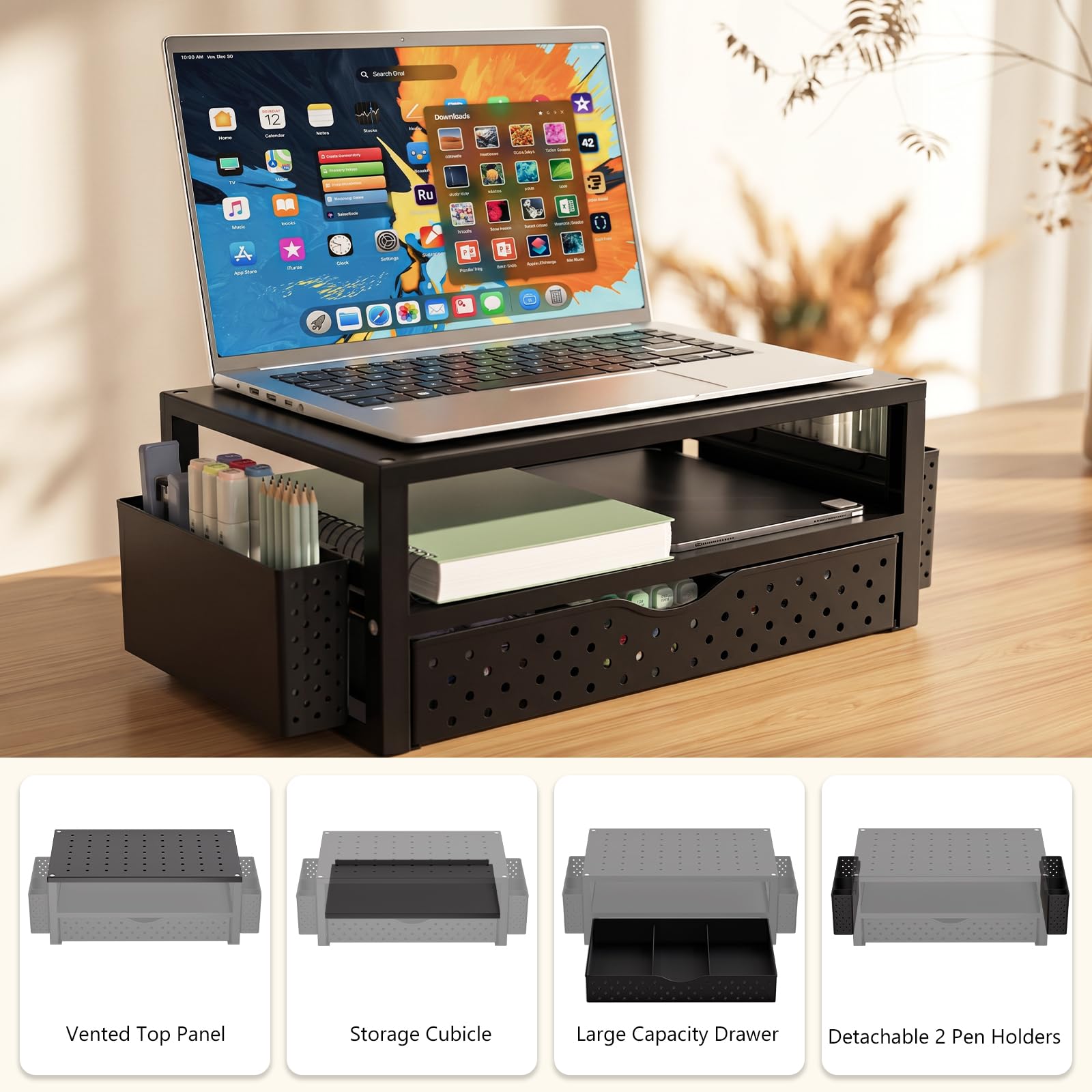 Monitor Stand Riser with Drawer and 2 Pen Holders, Desk Organizers and Accessories for Computer, Printer, Laptop Stand for Home Office Supplies, (PTT004-B), 1 Pack, Black