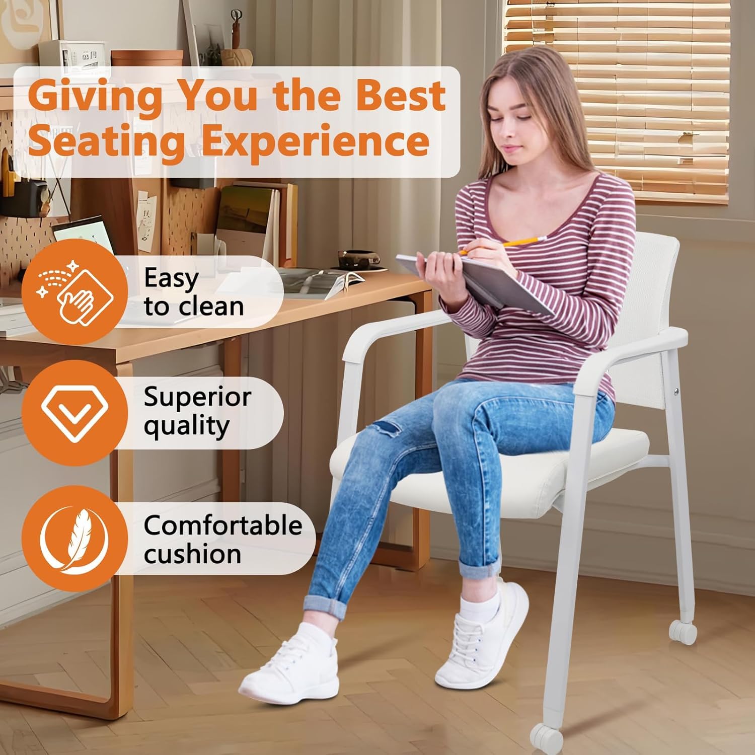 Set of 8, Stacking Office Chairs with Wheels | Mesh Back, Thicken Leather Seat and Streamline Armrests, Ergonomic Lumber Support | School, Desk, Guest Reception, Waiting, Conference | White