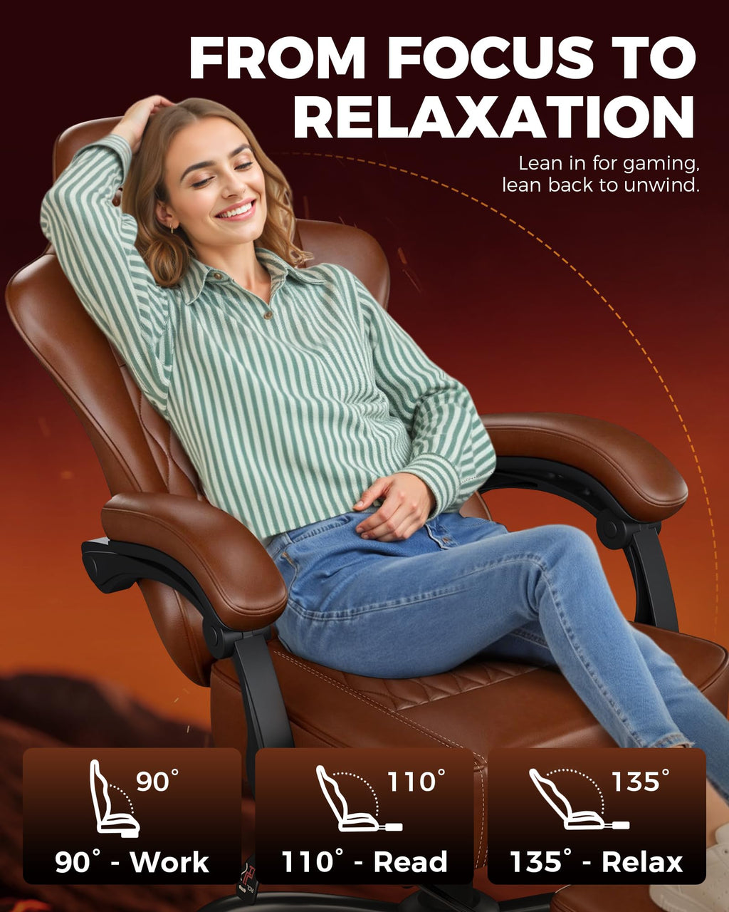 Big and Tall Gaming Chair with Footrest, Ergonomic Office Desk Chair with 4.4in Thick Cushion and Wide Wingless Seat, Comfortable Leather Computer Chair, Predator Series, Chocolate Brown