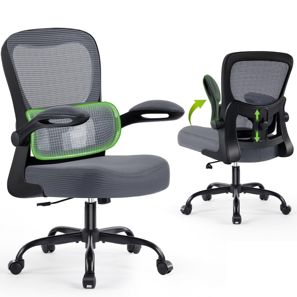 Office Chair Ergonomic Desk Chairs with Adjustable Lumbar Support& Headrest Hanger, High Back Breathable Mesh Chair with Wheels, Rolling Swivel Comfy Task Computer Chair for Home Work Gaming
