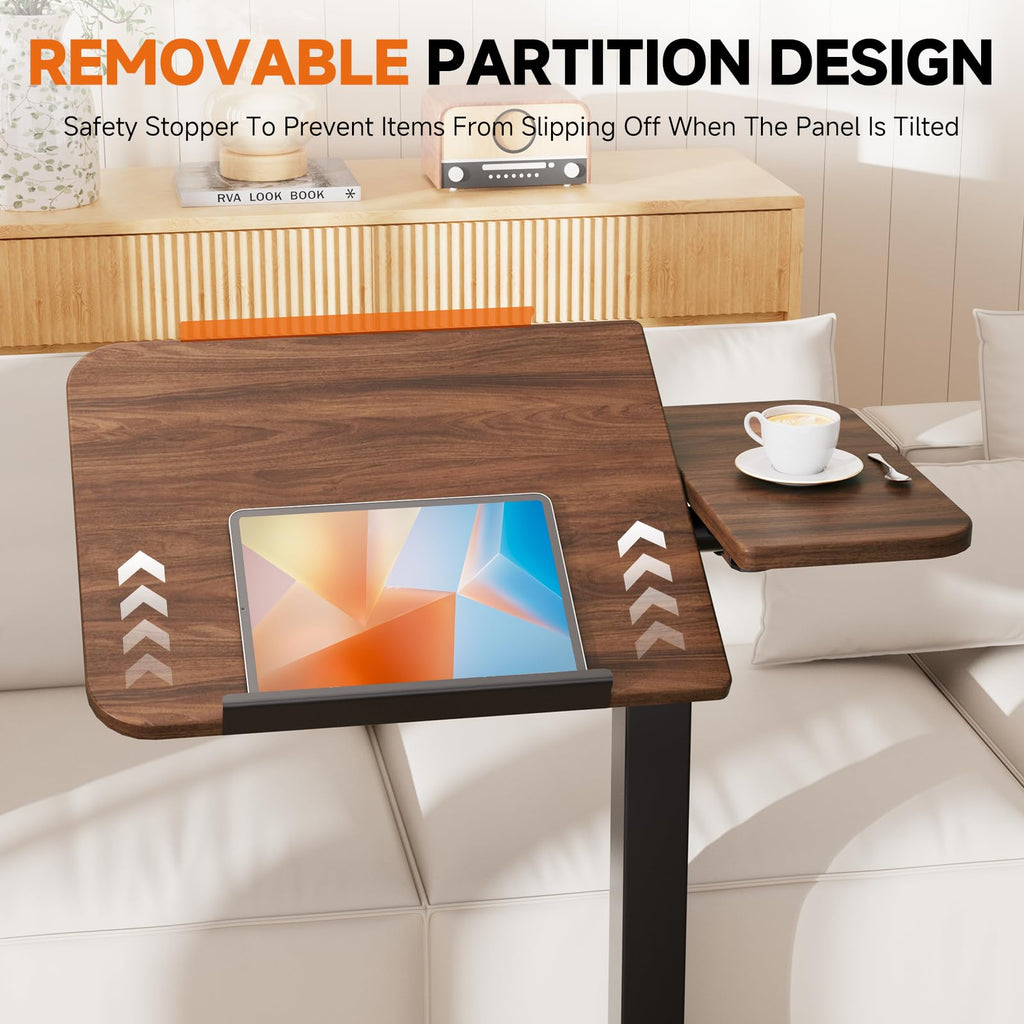 Tiltable Mobile Small Standing Desk, Pneumatic Adjustable Height Overbed Bedside Table with Wheels, Sit Stand Portable Rolling Laptop Desk Computer Workstations, Walnut