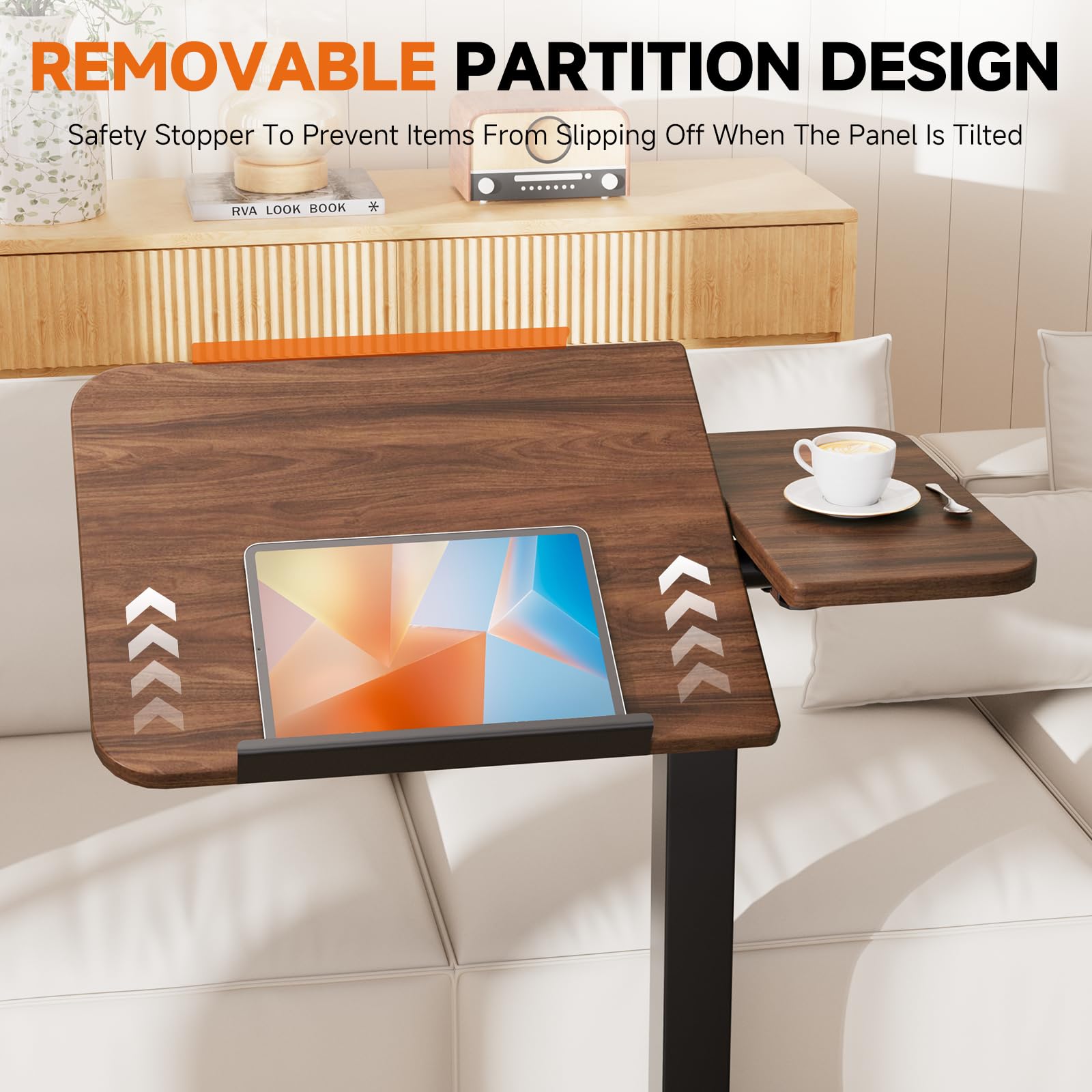 Tiltable Mobile Small Standing Desk, Pneumatic Adjustable Height Overbed Bedside Table with Wheels, Sit Stand Portable Rolling Laptop Desk Computer Workstations, Walnut