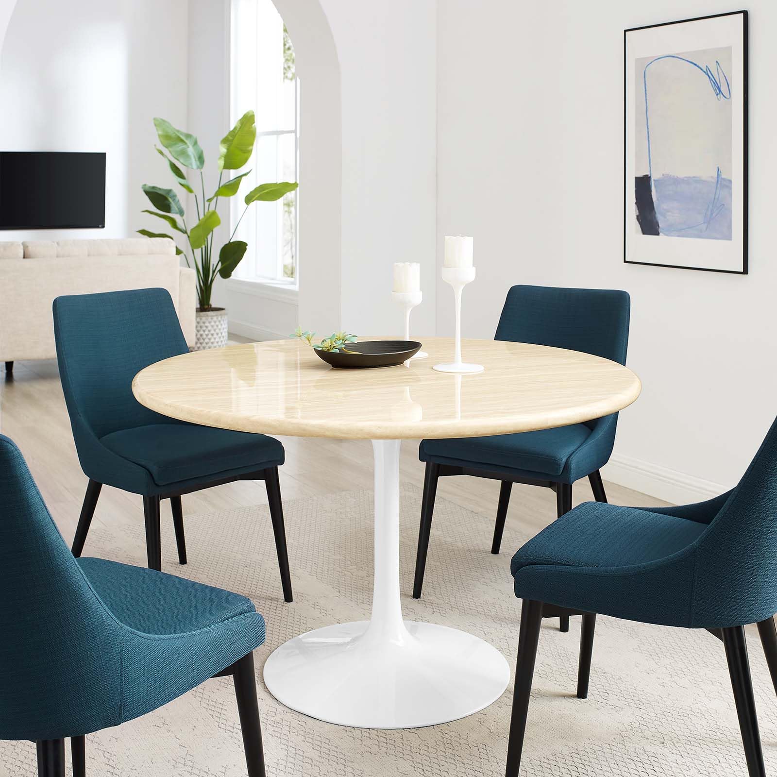 Modway Lippa 48" Round Artificial Dining Table with Tapered, Metal Base, White Travertine