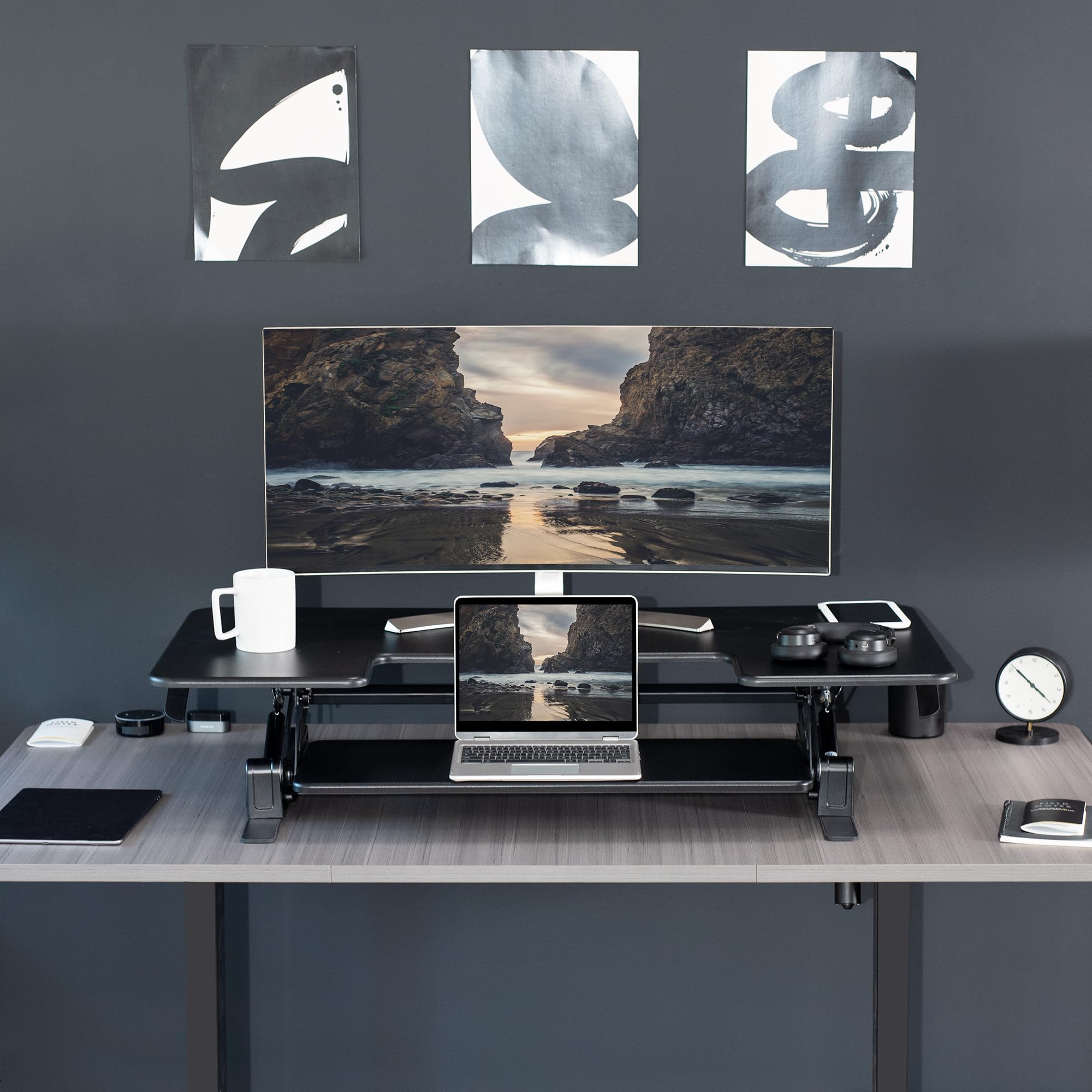 48 inch Height Adjustable Large Stand Up Desk Converter, V Series, Quick Sit to Stand Tabletop Dual Monitor Riser Workstation, Black