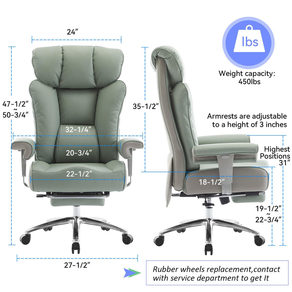 Big and Tall Office Chair 400lbs - Heavy Duty Executive Desk Chair with Foot Rest & 23" Wide Seat - High Back Ergonomic Leather Computer Chair for Heavy People, Home Office, Green