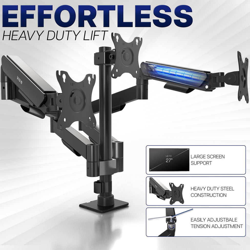 Triple Monitor Stand, Fully Adjustable Arms for 17 to 27 inch Screens, Mechanical Articulating Desk Mount, Gaming and Office Setups, VESA 75x75, 100x100, Max 19.8 lbs, Classic, Black, STAND-V003O