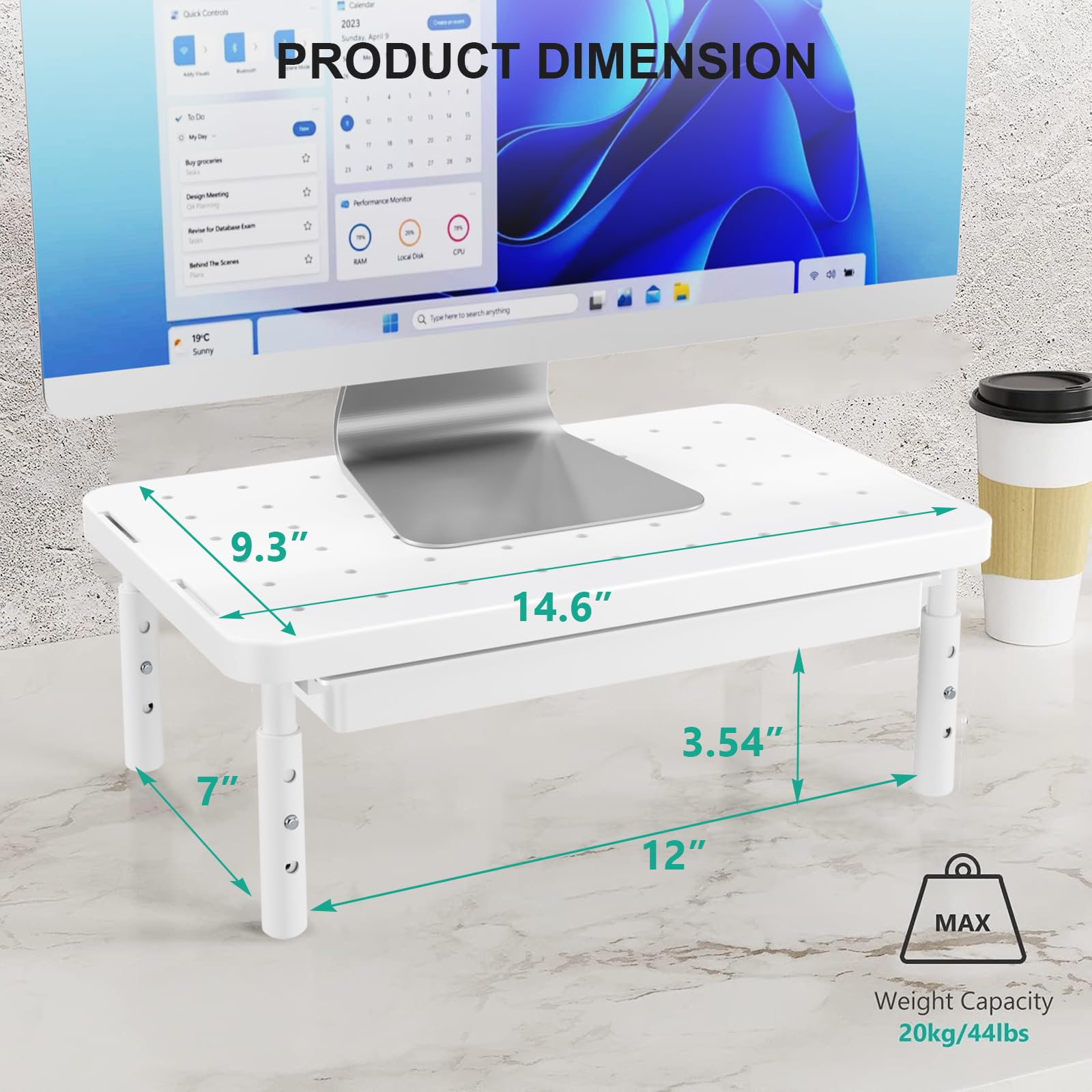 Computer Monitor Stand with Storage, Desk Monitor Riser 3 Height Adjustable, Laptop Riser with Airflow Vents, Desk Organizer for Computer, Laptop, Printer (PTT002-W), 1 Pack, White
