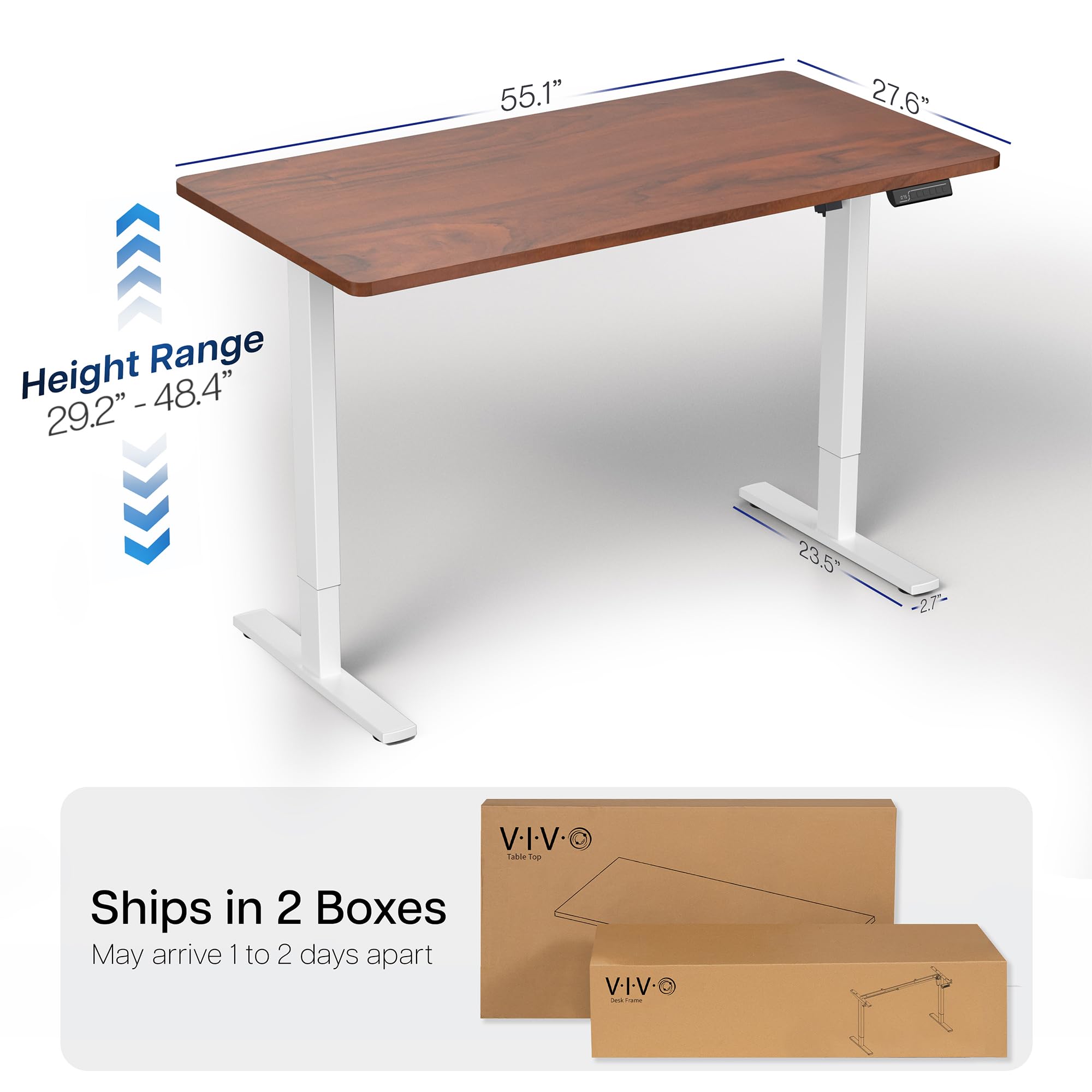 Electric 55 x 28 in Standing Desk, Memory Height Adjustment, 1B Series, Holds 220 lbs, One-Piece Dark Walnut Top, White Frame