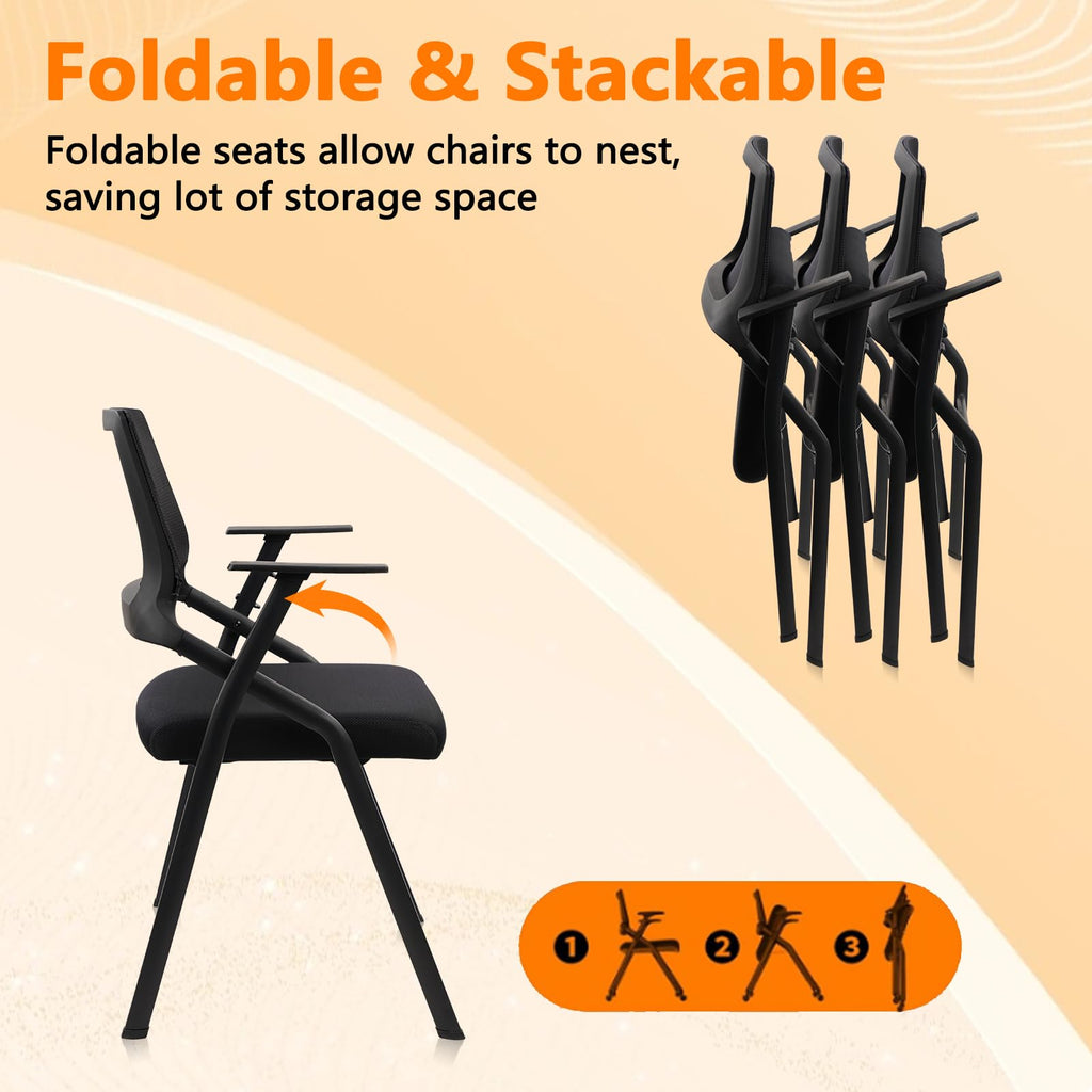 Black (2 pk) Stackable & Foldable Office Chairs with Ergonomic Lumbar Support and Thickened Seat Cushion, Folding Mesh Fabric Reception Guest Chair for School Church Conference Waiting Room