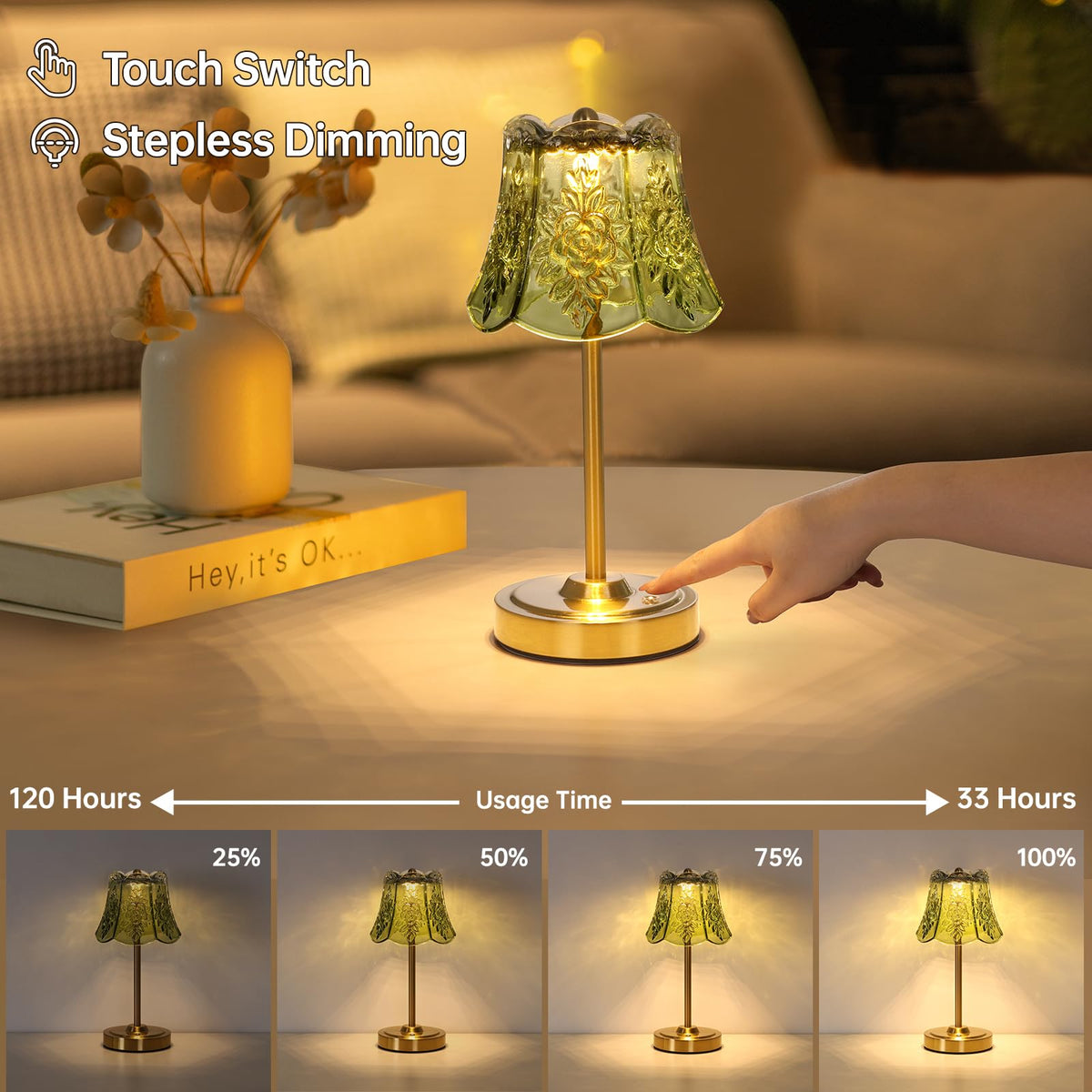 Set of 2 Cordless Touch Table Lamp with 5200mAh Battery - 3 Adjustable Color Temperatures & Dimmable, Rechargeable Lamp for Bedsides, Living Room, Entryway, Bookshelves (Green Rose)