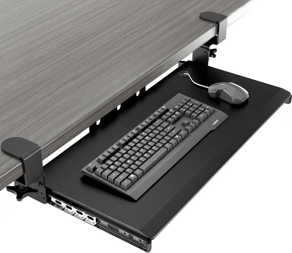 Keyboard Tray Under Desk Pull Out with Extra Sturdy Adjustable C Clamp Mount System, 27.3 (32.5 inch Including Clamps) x 11 Inch Slide-Out Platform Computer Drawer for Typing, Black,