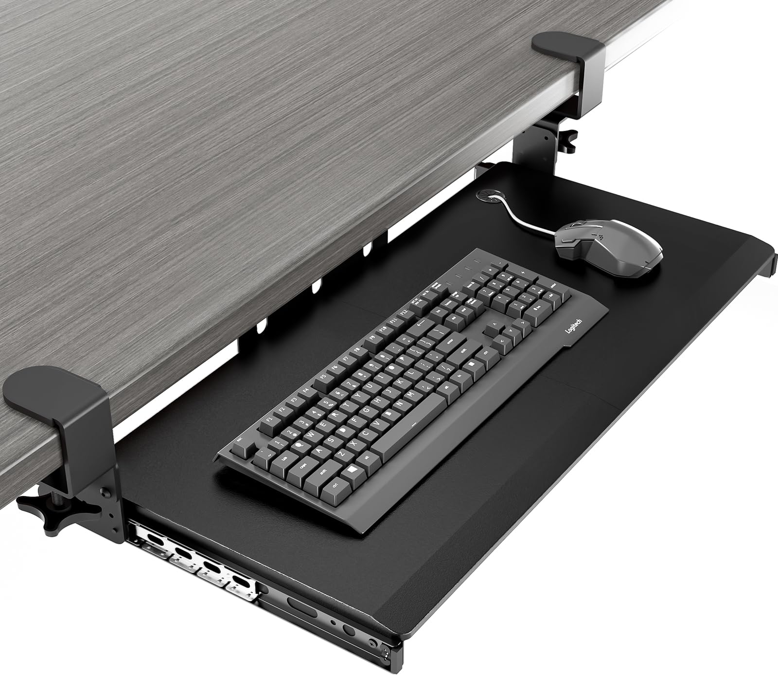 Keyboard Tray Under Desk Pull Out with Extra Sturdy Adjustable C Clamp Mount System, 27.3 (32.5 inch Including Clamps) x 11 Inch Slide-Out Platform Computer Drawer for Typing, Black,